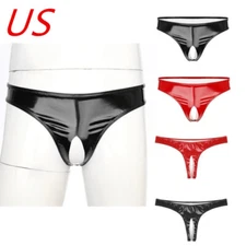 Men Wet Look Thongs Crotchless Low Rise Briefs Trunks PVC Leather Underwears