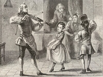 GRAVUR GEIGE GEIGESPIELER TANZENDE KINDER 1800er E M Ward M Jackson