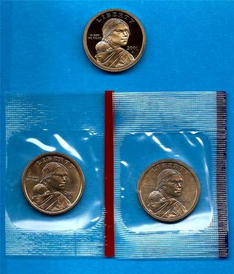 2001 P D and S BU and Gem Proof Sacagawea Native American Dollars - Three Coins