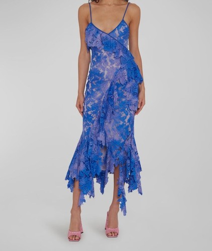 $2750 The Attico Women's Blue Thelma Ruffle Godet-Hem Lace Midi Dress 44