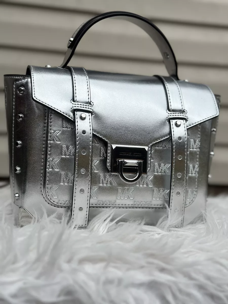 Michael Kors Manhattan Medium School Top Handle Silver Leather Satchel  Crossbody