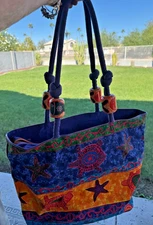 SUN N SAND WOMANS LARGE COLORFUL STARFISH & TURTLES BEACH TOTE  20" X 14" COTTON