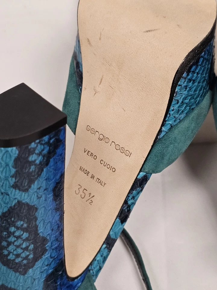 Sergio Rossi Elaphe Azul/Verde Gamuza Pitón Cuero Plataforma T-Correa Talla 5.5 Foto 3 de 4
