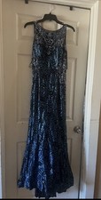Blue Sequin Beaded Mesh Sleeveless Long Formal Gown Paisley Scoop Neck