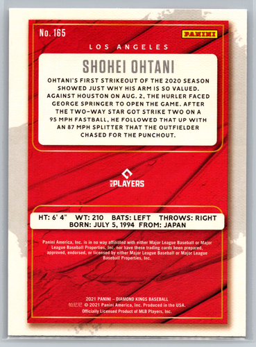 Shohei Ohtani 2021 Panini Diamond Kings Base Set Card #165 Los Angeles Angels - Afbeelding 2 van 2