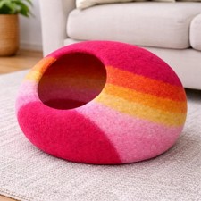 Sunset Felt Cat Cave Wool Cat Bed Pink Orange Handmade Cat House