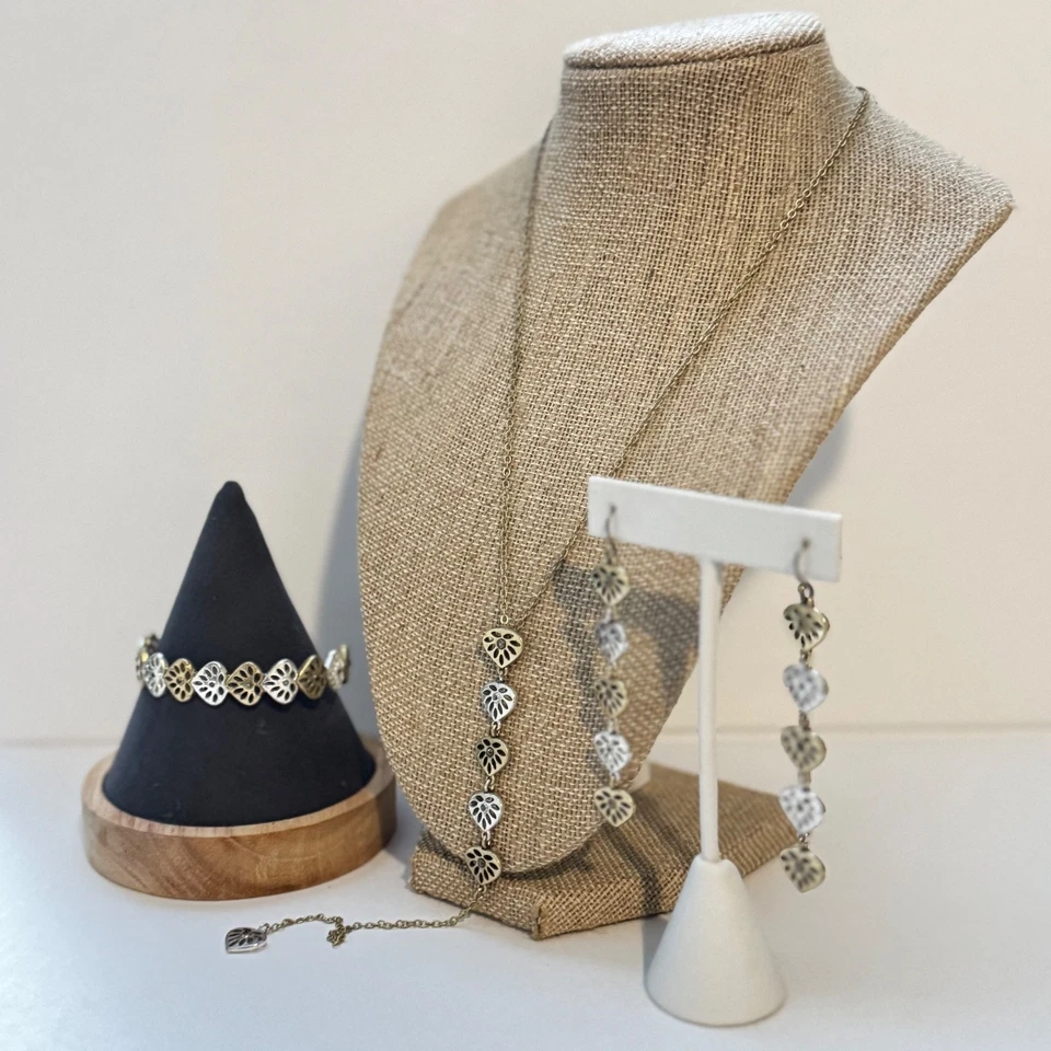 Juego de pendientes y brazaletes de metal mezclado Lucky Brand Heart Charm Lariat collar Foto 4 de 4