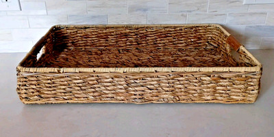 Threshold Home Decor Woven Tray Banana Bark Leather Handles 26''L x 16.5 W x 4 H