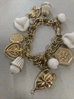 Vintage Coro CHARM Bracelet  Hearts Cherub Wishbone White Beads Costume Jewelry