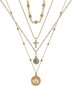 Authentic Vintage 14K Gold Plated Layered Necklace with Turquoise Cross and Lotus Flower P