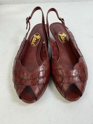 Bass Women's M Brown Leather Woven Block Heel Slingback Sandals