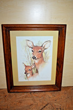 Vintage Mother/Fawn Deer Print Signed Cabin Mountains Woods Nature Forest