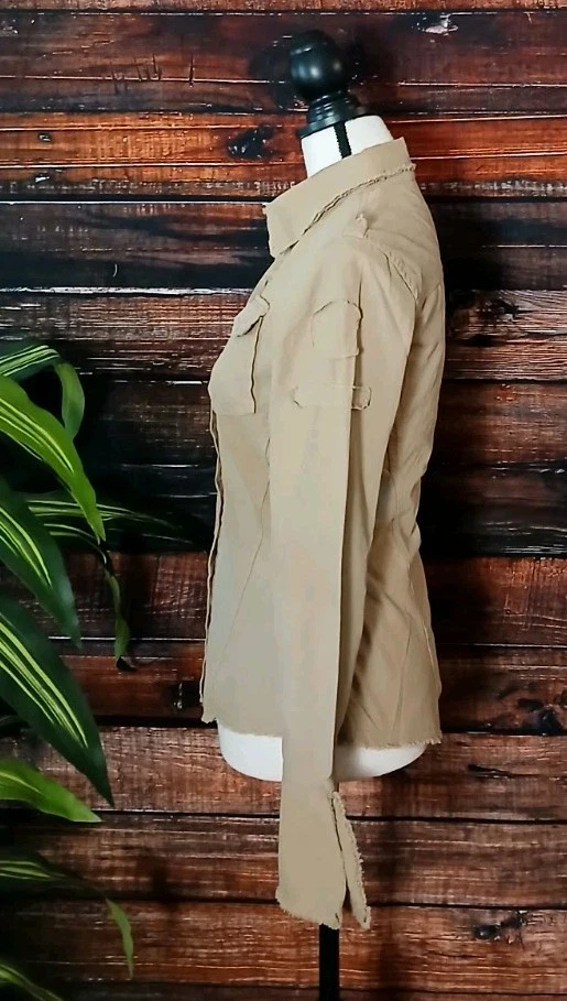 Love Stitch Top Size Small Khaki Tan Military Cotton Boho Blouse Shirt Bell Cuff - Image 4 of 4
