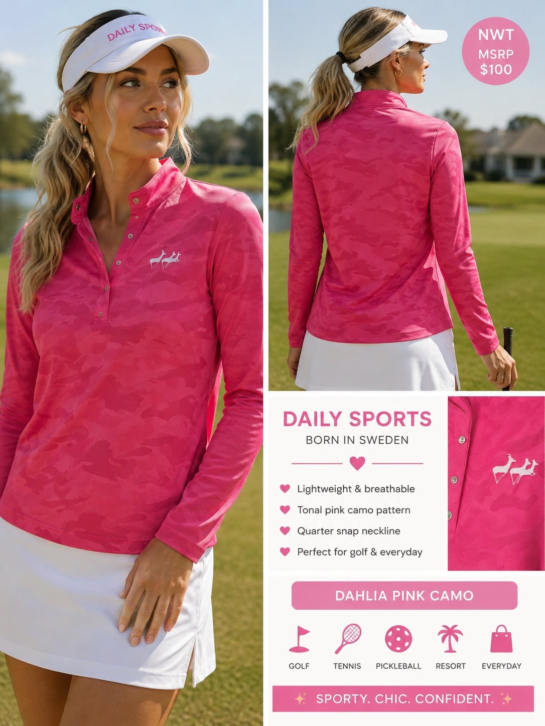 NWT Daily Sports Sweden Pink Camo Quarter Snap Golf Pullover Top M $100 MSRP