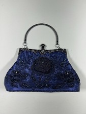 1920s-Style Navy Blue Clutch Purse Floral Beaded Evening Bag w/ Kiss Lock Frame
