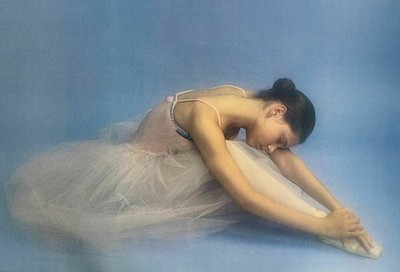 661607 Young Ballerina Stretching With Blue Vintage Ballet Poster