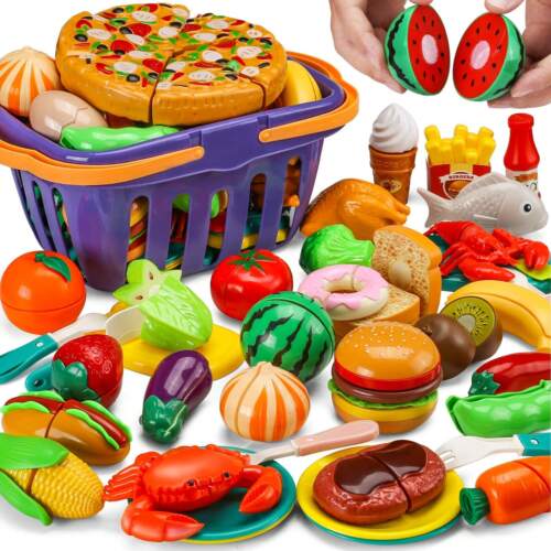 42 Items 87 Pcs Cutting Play Food Toy for Kids Kitchen Set,Pretend Cooking Fruit