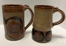 Set Of 2 Ceramic Clay Mug Signed Earth tones Kitchen Art
