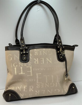 Etienne Aigner Large Oversize Tote Bag Purse Beige Canvas/ Leather With Gold