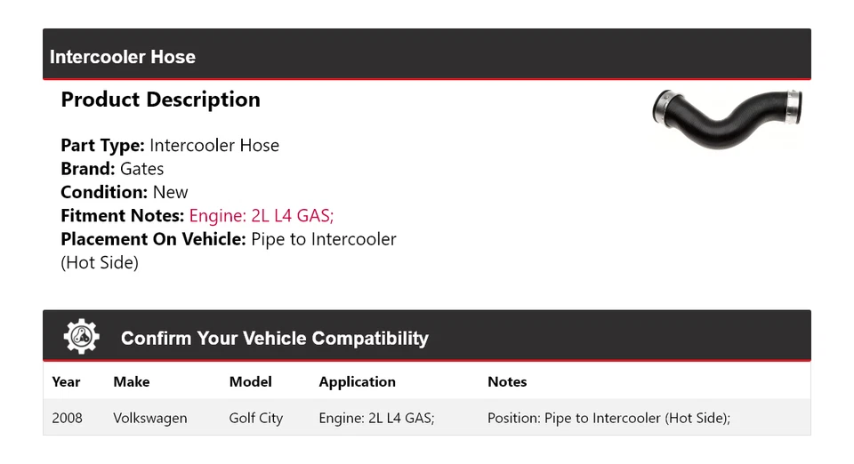 For 2008 Volkswagen Golf City Intercooler Hose Gates - Image 2 of 4