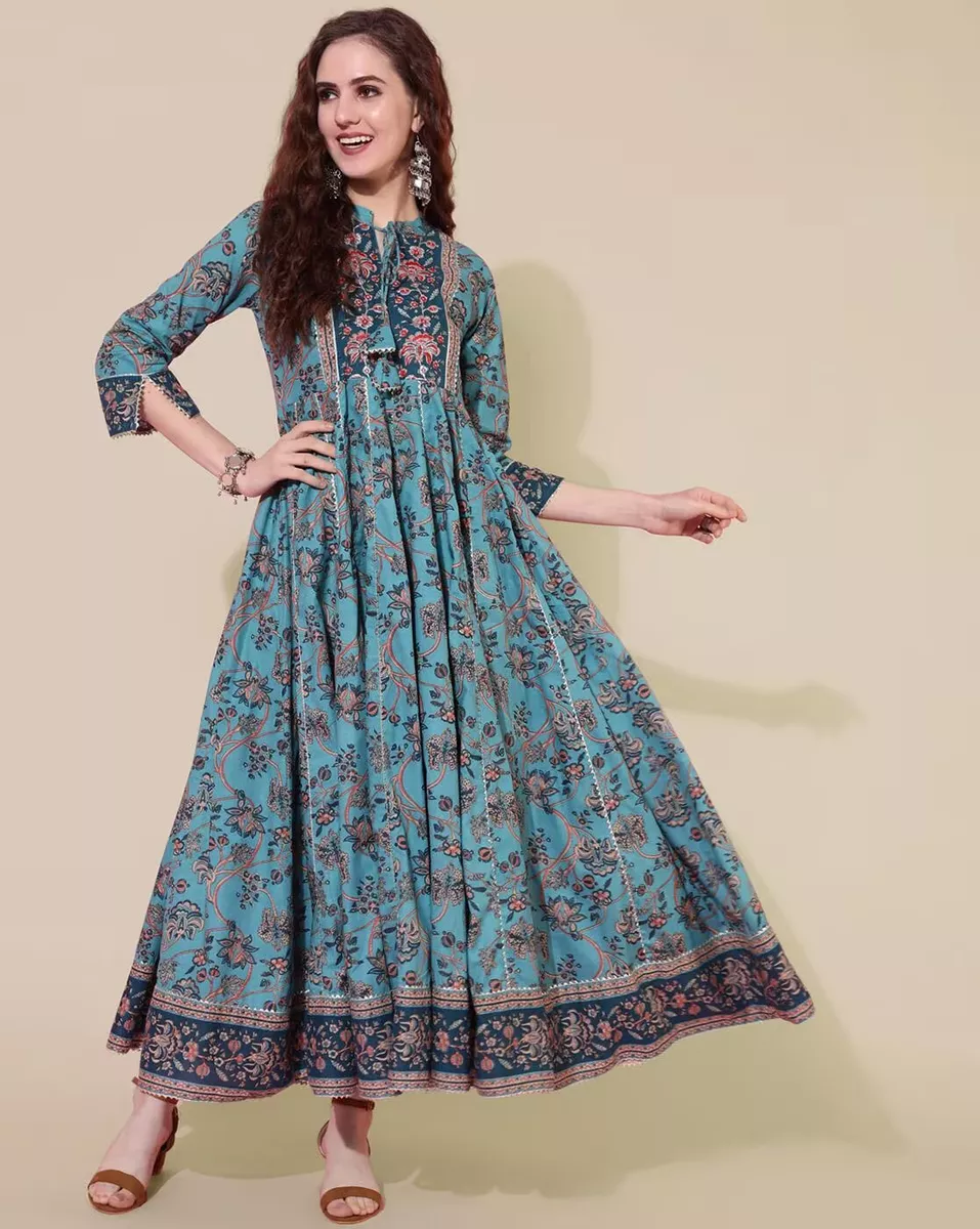 Indian Women Blue Cotton Anarkali Flared Kurta Kurti Dress Top Tunic  Pakistani | eBay