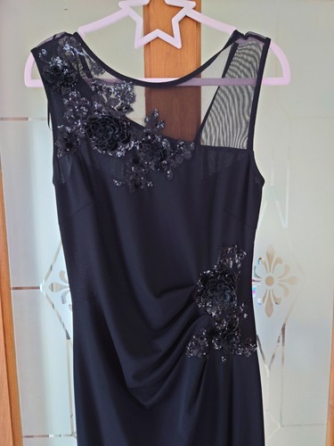 Lipsy Black Sequin Long Dress 12 Formal Occasion Evening Cruise Ruched Drape - Picture 6 of 19