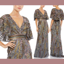 NEW $698 Mac Duggal [ 12 ] Cape Sleeve Embellished Gown in Charcoal Multi #G1436