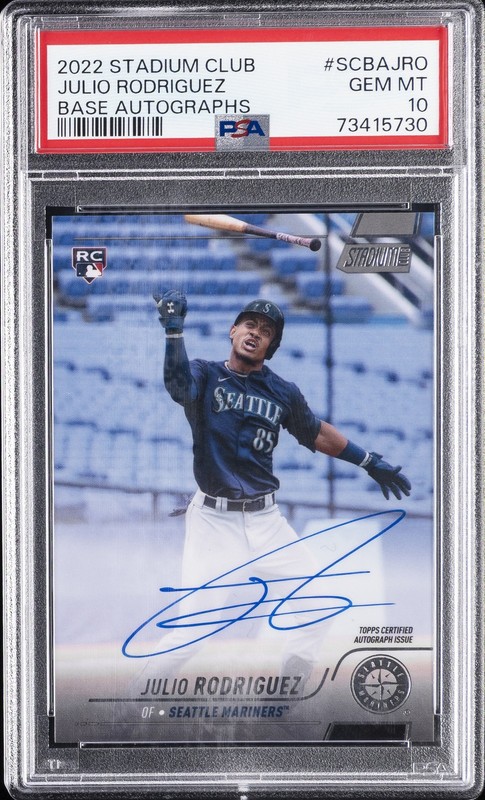 2022 TOPPS STADIUM CLUB BASE AUTOS #SCBAJRO JULIO RODRIGUEZ PSA 10 AUTO