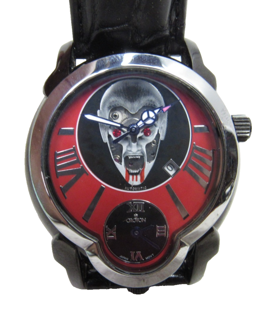Croton Daredevil Watch Red Vampire Skull Dual Movement Wristwatch