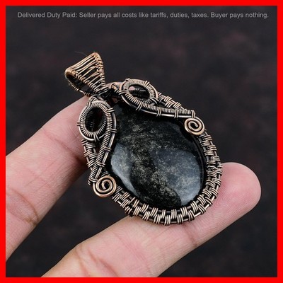 Natural Silver Sheen Obsidian Copper Wire Wrapped Anniversary Pendant Jewelry