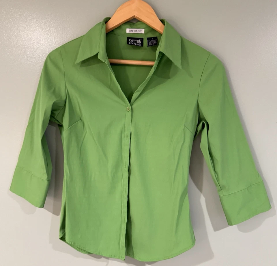 Camisa vintage Y2K Cotton Express para mujer S cuello brillante botones verdes elásticos Foto 3 de 4