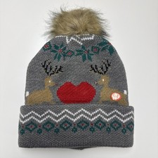 NWT LED Christmas Hat, Light Up Reindeer Nose Unisex Knitted Beanie Holiday New