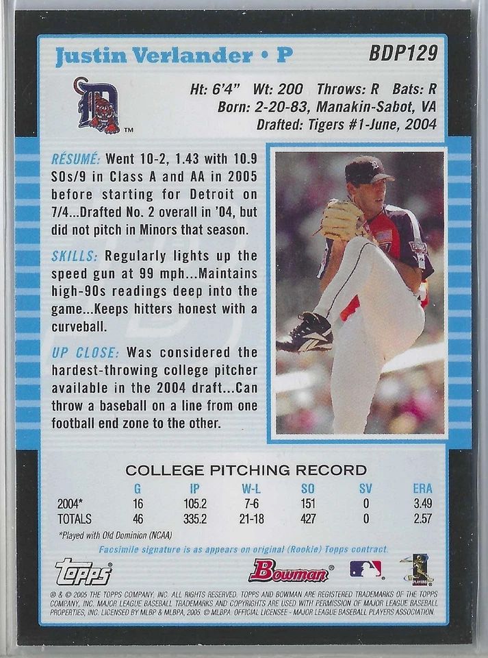 2005 BOWMAN DRAFT FUTURES GAME JERSEY RELICS #129 JUSTIN VERLANDER - Image 2 of 2
