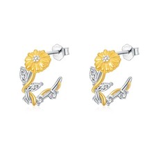 925 Sterling Silver Two-Tone Daisy Hoop Earrings for Women, 3D Flower Earrings w