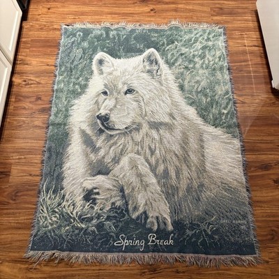 Gail Adams Spring Break Wolf Woven Throw Blanket 57x45'' Tapestry Green Fringe