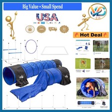 Dog Agility Course Set 7pc Indoor Outdoor Jumps Tunnels Poles Black Blue