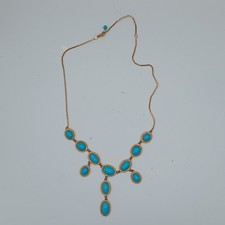 Turquoise Blue Statement Necklace Gold Tone Bib Drop Southwestern Style Faux