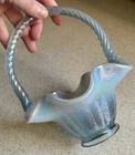 Vtg Fenton Misty Blue Basket, Iridescent Herringbone Glass Easter Spring 7”x6"