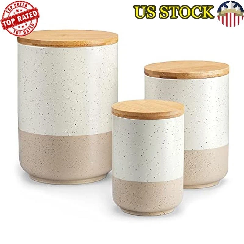 Ceramic Kitchen Canister Set Airtight Wood Lids Storage Jars Multi-Purpose New