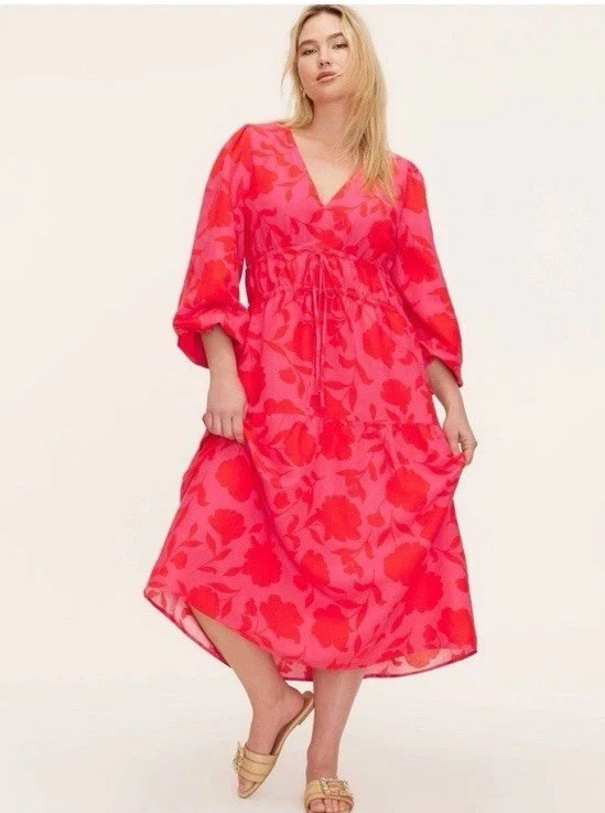 Maxi abito donna Kate Spade nuovo rosa caldo floreale misto lino manica lunga TG XL