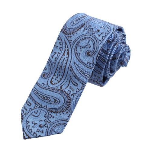 Dan Smith Cornflower Blue & Brown Paisley Microfiber Skinny Tie – Men's Narrow Tie For Formal & Casual Wear