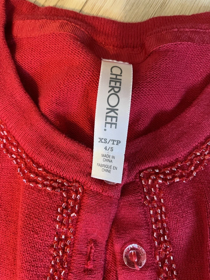 Toddler Girls Red Sweater 4/5 Cherokee Christmas Button Long Sleeve Cardigan - Image 2 of 2