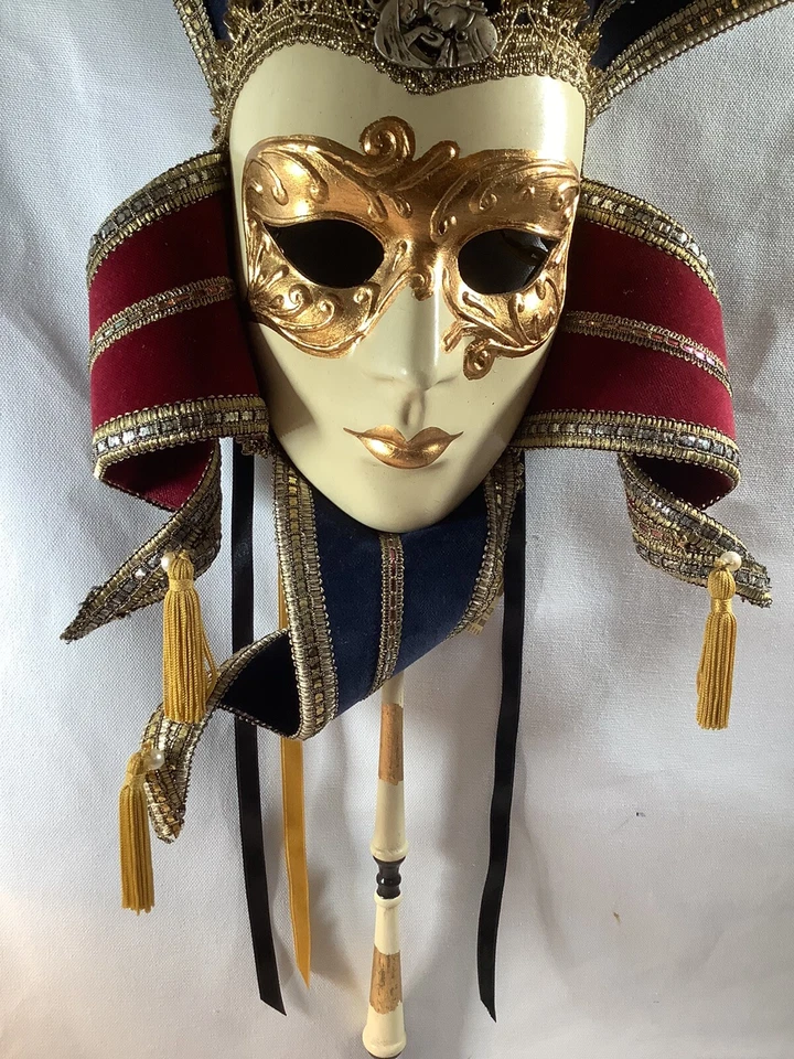 Face Mask Signed Handmade Paper Mache Joker Jester With Handle Florence Italy - Image 4 of 4