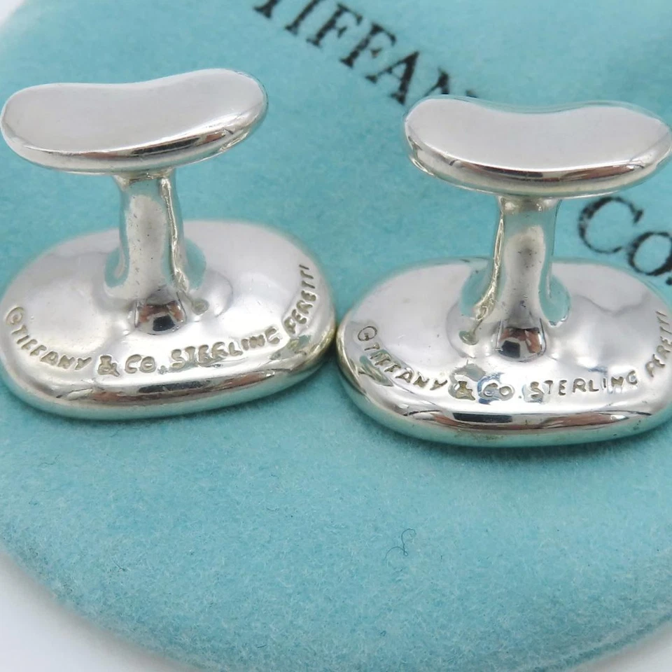 Gemelli Tiffany & Co. Bean Design Elsa Peretti argento sterling SV925 con cus... - Immagine 4 di 4