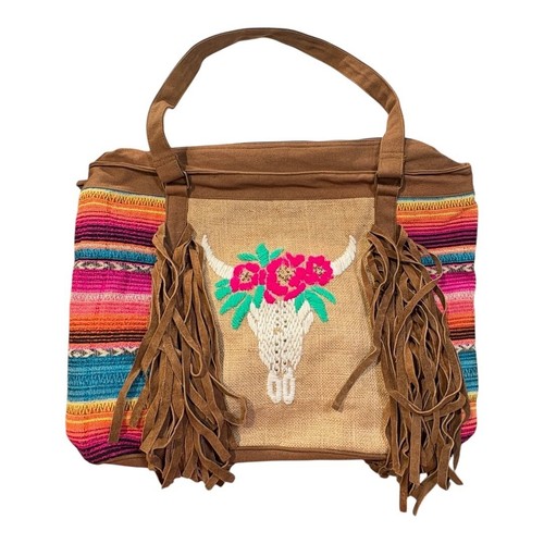 Boho Leather Serape Tote Bag Cow Skull Embroidered Fringe Shoulder Bag Large - Picture 2 of 15