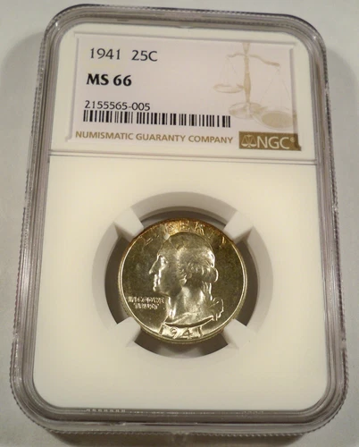 1941 NGC MS66 WASHINGTON QUARTER RAINBOW RIM TONE 25c MS 66