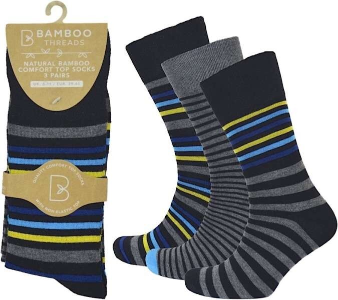 12 Pairs Mens Non Binding Diabetic Loose Top Soft Grip Bamboo Socks Stripes Blue