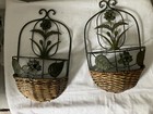 2 Vintage Metal and Wicker Wall Pockets/Plant Holders