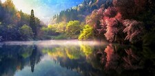 Landscape nature spring mist lake trees reflection Custom Gaming Mat Desk