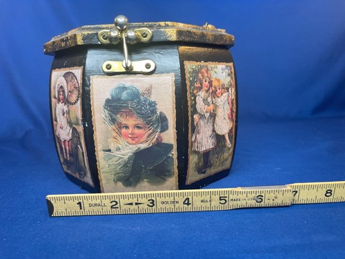 Vintage Walborg Decoupage Achteck Holz Box Handtasche viktorianisch Mädchen Japan gefüttert Rarität - Bild 19 von 19